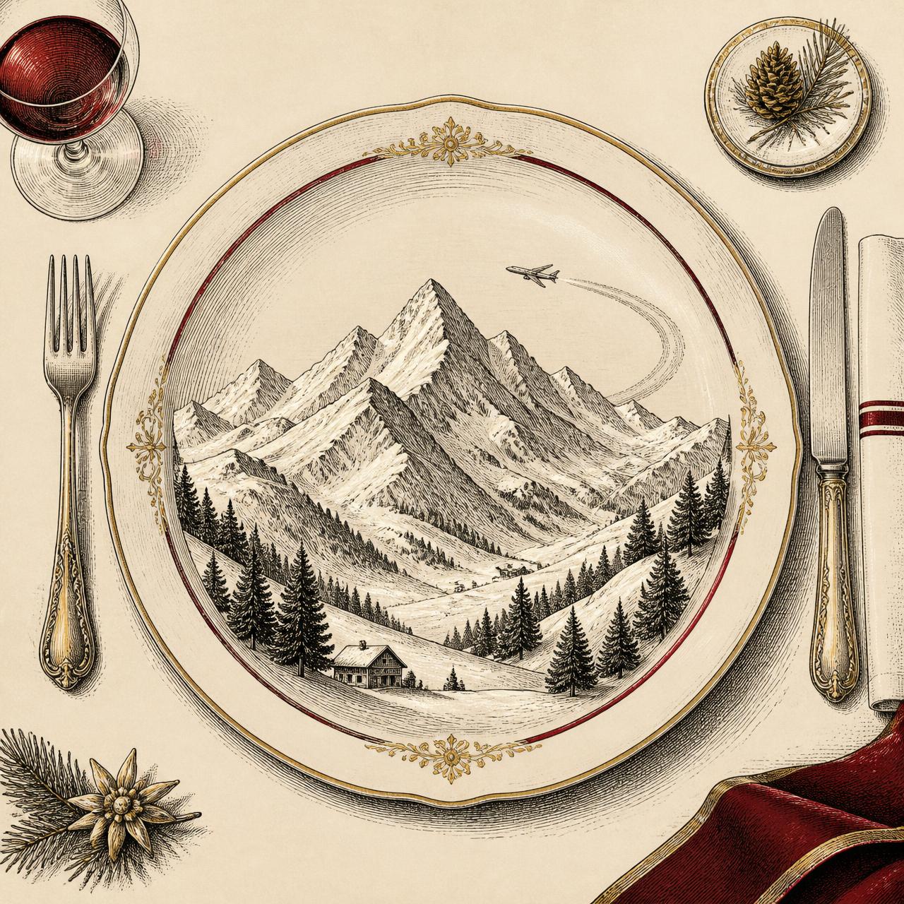 Snow-capped Davos alpine range plated on fine porcelain, in vintage menu-card etching style